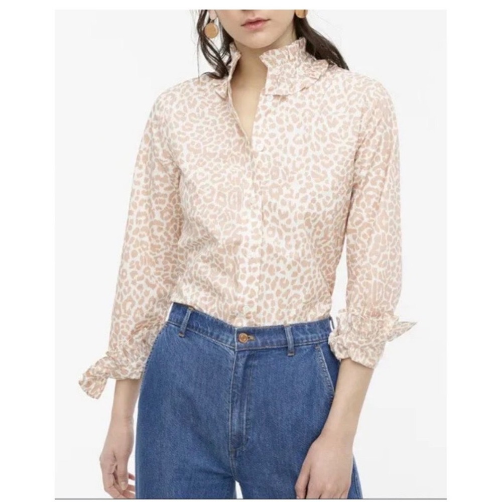 J.Crew Womens Classic Fit Leopard Print Ruffle Collar Cotton Shirt Tan White 12